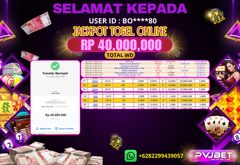 JACKPOT KEMENANGAN TOGEL ONLINE PASARAN “ FLORIDAMID POOLS ” 40JT