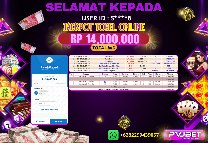 JACKPOT KEMENANGAN TOGEL ONLINE PASARAN “ TOGEL SINGAPORE ” 14 JT