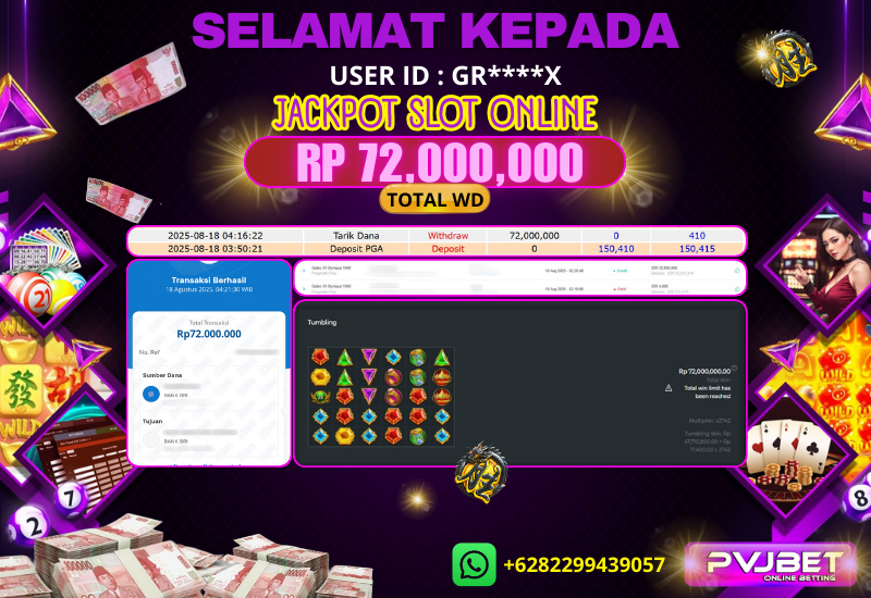 JACKPOT KEMENANGAN SLOT PRAGMATIC “ GATES OF OLYMPUS 1000 ” 72 JTAN